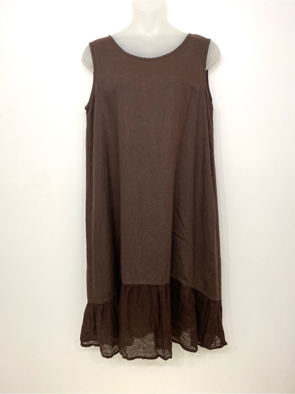 FLAX 100% Linen Sleeveless Maxi Dress Chocolate Brown Ruffle Hem L